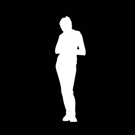 Sporty woman standing bending head forward. Front view. White silhouette isolated on black background. Side view. Monochrome vector illustration of silhouette of girl in hoodie. Concept.のイラスト素材