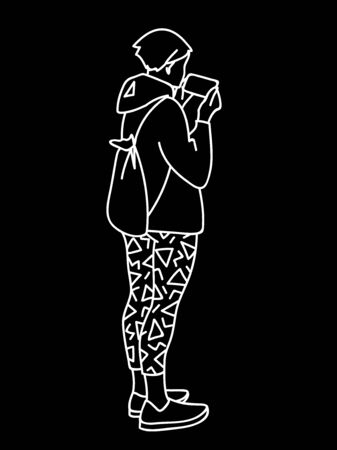 Teenage girl with backpack standing, attentively looking at mobile phone. Vector illustration of young woman checking social networks or watching video. Concept. White lines on black backgroundのイラスト素材