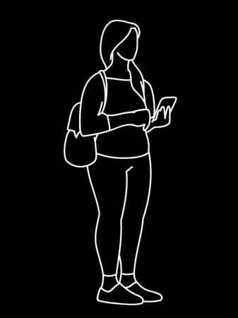 Chubby girl with backpack standing, looking at mobile phone. Vector illustration of young woman checking social networks. Concept. White lines on black background. Virtual communication.のイラスト素材