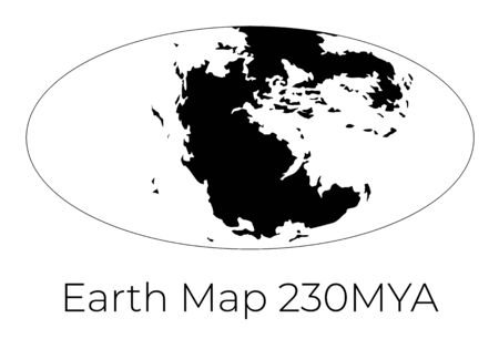Silhouette of Map of the Earth 230MYA. Monochrome vector illustration of Earth map with black continents and white oceans isolated on white background. Projection. Prehistoric worldmap.のイラスト素材