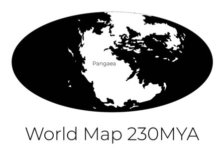 Map of the World 230MYA. Monochrome vector illustration of Worldmap with white continents and black oceans isolated on white background. Prehistoric projection. Silhouette. Element for your designのイラスト素材