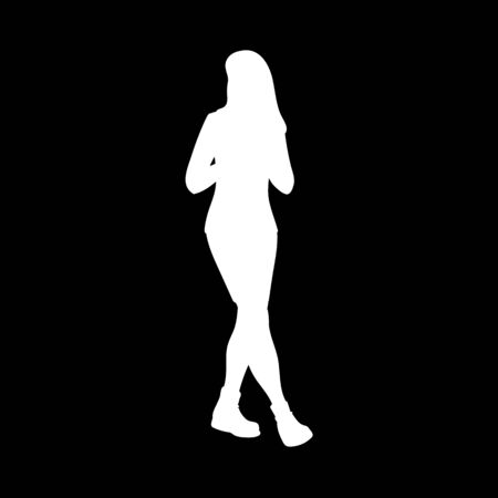 Girl with long hair walking, looking away. White silhouette isolated on black background. Concept. Vector illustration of girl in skirt and boots going for a stroll. Stencil. Monochrome minimalismのイラスト素材