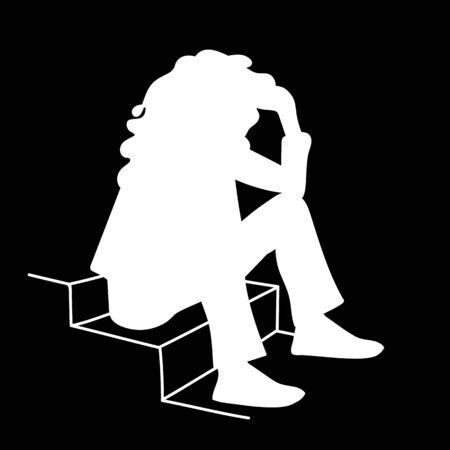 Woman with curly hair sitting on stairs. Stencil. Vector illustration of white silhouette of sitting girl isolated on black background. Student. Concept. Monochromous minimalism.のイラスト素材