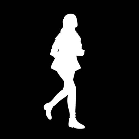 Teenage girl with long hair running. White silhouette isolated on black background. Concept. Vector illustration of girl runner in streetwear. Stencil. Monochrome minimalism.のイラスト素材