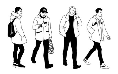 Men in different poses. Monochrome vector illustration of set of young and adult men standing and walking in simple line art style. Hand drawn sketch isolated on white background.のイラスト素材