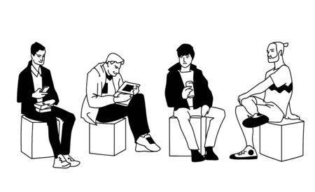 Men in different poses. Monochrome vector illustration of set of young and adult men sitting in simple line art style. Front view, side view. Hand drawn sketch isolated on white background.のイラスト素材