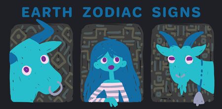 Funny zodiac signs. Colorful vector illustration of earth group of zodiac signs in hand-drawn sketch style isolated on dark background. Zodiacal characters. Print design, prediction, horoscope.のイラスト素材