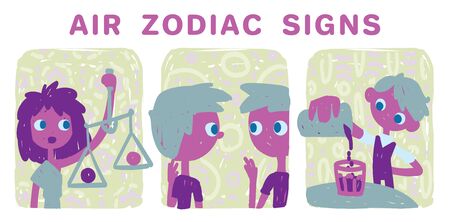 Funny zodiac signs. Colorful vector illustration of air group of zodiac signs in hand-drawn sketch style isolated on white background. Zodiacal characters. Print design, prediction, horoscope.のイラスト素材