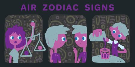 Funny zodiac signs. Colorful vector illustration of air group of zodiac signs in hand-drawn sketch style isolated on dark background. Zodiacal characters. Print design, prediction, horoscope.のイラスト素材