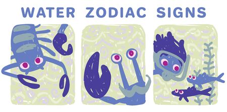 Funny zodiac signs. Colorful vector illustration of water group of zodiac signs in hand-drawn sketch style isolated on white background. Zodiacal characters. Print design, prediction, horoscope.のイラスト素材