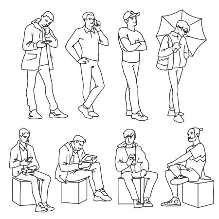 Set of young and adult men standing and sitting. Monochrome vector illustration of men in different poses in simple line art style. Hand drawn sketch. Black lines isolated on white background.のイラスト素材