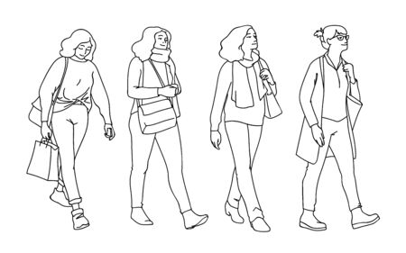 Set of women taking a walk. Concept. Monochrome vector illustration of women of different ages walking in simple line art style. Black lines isolated on white background. Hand drawn sketchのイラスト素材