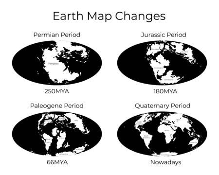 Monochrome vector illustration of Worldmap with names of continents isolated on background. Set. Map of the World and changes in different geological periods. 250mya, 180mya, 66mya and nowadays projectionsのイラスト素材