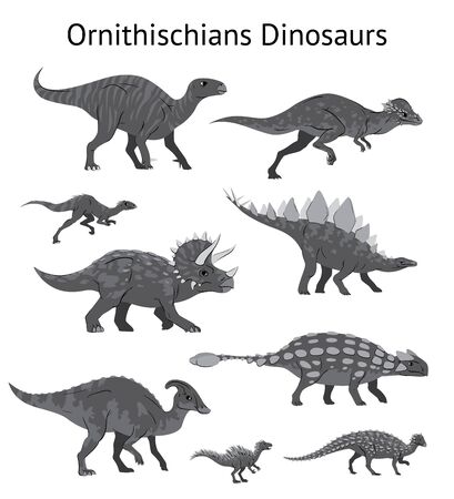 Set of ornithischian dinosaurs. Monochrome vector illustration of dinosaurs isolated on white background. Side view. Ornithischia. Proportional dimensions. Element for your desing, blog, journal.のイラスト素材