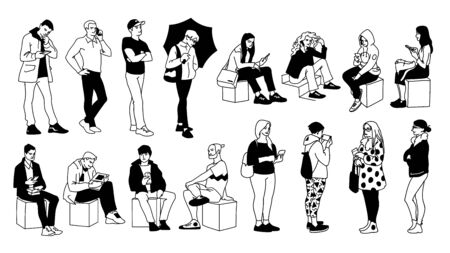 People in different poses. Monochrome vector illustration of set of young and adult men and women standing and sitting in simple line art style. Hand drawn sketch on white backgroundのイラスト素材