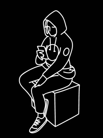 Young woman in hoodie sitting on box, looking at mobile phone. Vector illustration of girl checking social networks. Concept. Sketch. Line art. White lines on black background. Virtual communication.のイラスト素材