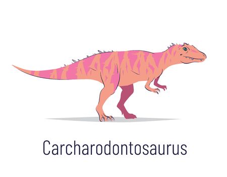 Carcharodontosaurus. Theropoda dinosaur. Colorful vector illustration of prehistoric creature carcharodontosaurus in hand drawn flat style isolated on white background. Predatory fossil dinosaur.のイラスト素材