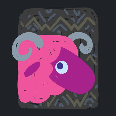 Aries. Funny zodiac sign. Colorful vector illustration of pink sheep face in hand-drawn sketch style isolated on dark background. Zodiacal character. Element for your design, prediction, horoscope.のイラスト素材