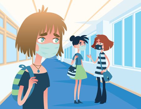 Concerned girl in medical mask looks at two masked friends who are talking, not keeping their distance from each other. Vector illustration of situation in hospital corridor. Covid-19 pandemic.のイラスト素材