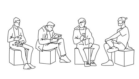 Men sitting in different poses. Black lines on white background. Concept. Vector illustration of various men sitting on cubes in line art style. Monochromatic hand drawn sketch.のイラスト素材