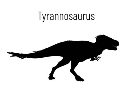 Tyrannosaurus. Theropoda dinosaur. Monochrome vector illustration of silhouette of prehistoric creature tyrannosaurus isolated on white background. Stencil. Fossil dinosaur. T-Rex.のイラスト素材