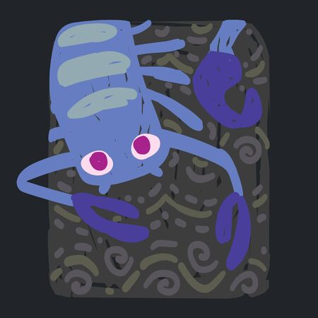 Scorpio. Funny zodiac sign. Colorful vector illustration of scorpion and sting in hand-drawn sketch style isolated on dark background. Zodiacal character. Element for design, prediction, horoscope.のイラスト素材