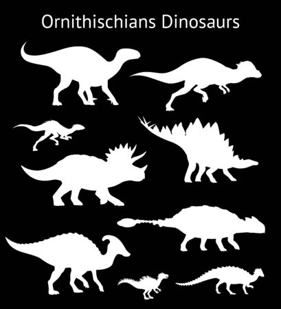 Silhouettes of ornithischian dinosaurs. Set. Side view. Monochrome vector illustration of white stencils of dinosaurs isolated on black background. Ornithischia. Proportional dimensions.のイラスト素材