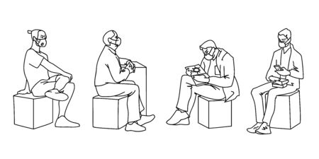 People in medical masks. Vector illustration of masked men in linear style isolated on a white background. Respiratory protection. Facial tissue to prevent diseases, flu, air pollution. Men sitting.のイラスト素材