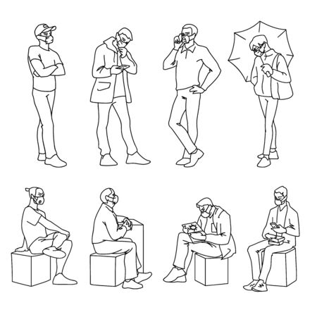 People in medical masks. Vector illustration of masked men in linear style isolated on white background. Respiratory protection. Facial tissue to prevent diseases, flu, air pollution. Different poses.のイラスト素材