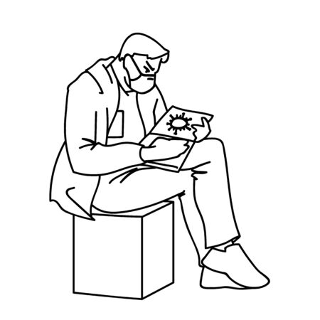 Adult man in medical mask is sitting with textbooks, looking for information about viruses. Vector illustration of a doctor in linear style isolated on white background. Pandemic, epidemic concept.のイラスト素材