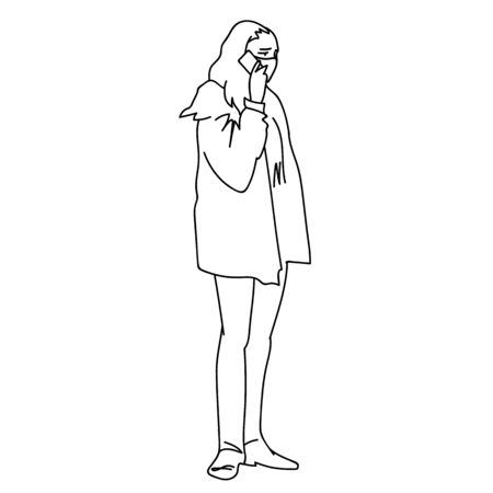Young woman in medical mask calls relatives on phone while coronavirus pandemic. Vector illustration of sad girl in hand-drawn linear style isolated on white background. Feeling worry about family.のイラスト素材