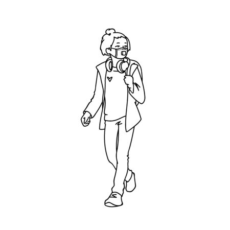 Teen girl in medical mask. Masked student protects her breath by facial tissue with filter. Monochrome vector illustration in linear hand drawn style isolated on white background. Viral protection.のイラスト素材