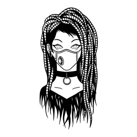 Stylish young girl with dreadlocks wearing medical mask. Virus protection. Filter. Monochrome vector illustration of cyber gothic girl in hand-drawn style isolated on white background. Pandemic.のイラスト素材