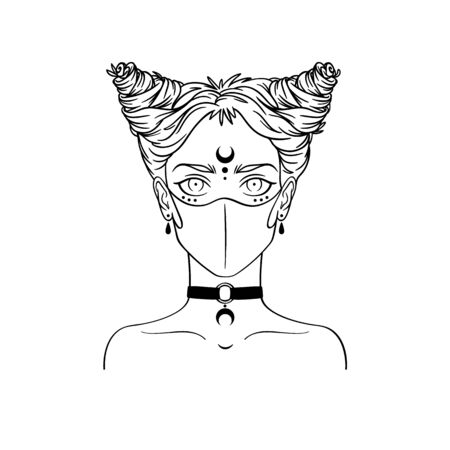 Stylish subcultural girl with choker wearing medical mask. Coronavirus pandemic concept.Monochrome vector illustration of masked subcultural girl in hand-drawn style isolated on white background.のイラスト素材