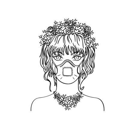 Stylish girl with bezel of flowers wearing medical mask. Coronavirus pandemic concept. Monochrome vector illustration of masked subcultural girl in hand-drawn style isolated on white background.のイラスト素材