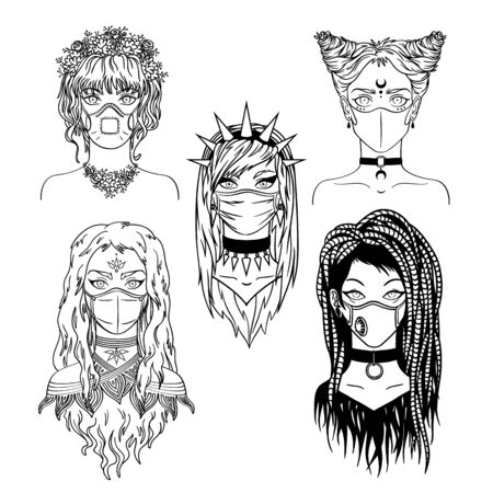 Set of stylish subcultural girls wearing different types medical mask. Coronavirus pandemic concept. Monochrome vector illustration in hand-drawn style isolated on white background. Virus fashion.のイラスト素材
