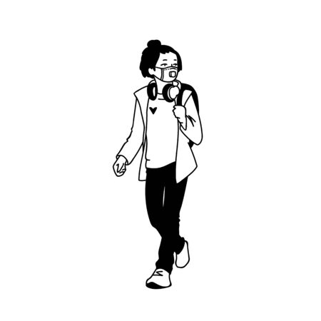 Teen girl in medical mask. Monochrome vector illustration in hand drawn sketch style isolated on white background. Masked student protects her breath by facial tissue with filter. Viral protection.のイラスト素材