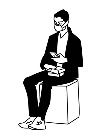 Young man in medical mask is sitting with textbooks, looking for information about viruses on the Internet. Vector illustration of a student doctor in sketch style isolated on white background.のイラスト素材