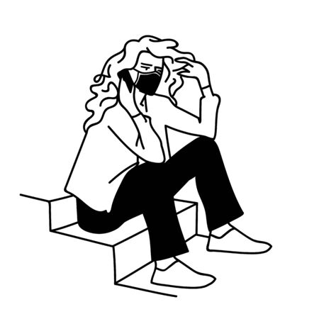 Young woman in medical mas sits on stairs, calls family on phone while coronavirus pandemic. Vector illustration of sad girl in hand-drawn sketch style isolated on white background. Pandemic concept.のイラスト素材