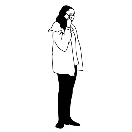 Young woman in medical mask calls relatives on phone while coronavirus pandemic. Vector illustration of sad girl in hand-drawn sketch style isolated on white background. Feeling worry about family.のイラスト素材