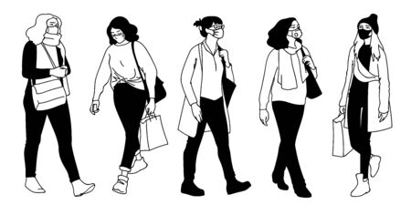 People in medical masks. Vector illustration of masked women set in sketch style isolated on white background. Respiratory protection. Facial tissue to prevent diseases, flu, pollution. Woman walking.のイラスト素材