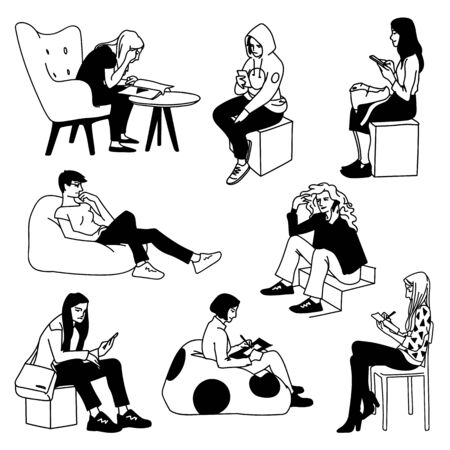 Set of women doing various things sitting. Concept. Monochrome vector illustration of women sitting in different poses in simple line art style. Hand drawn sketch isolated on white background.のイラスト素材