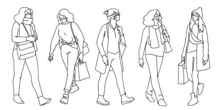 People in medical masks. Vector illustration of masked women set in linear style isolated on white background. Respiratory protection. Facial tissue to prevent diseases, flu, pollution. Woman walkingのイラスト素材