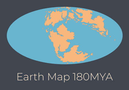 Map of the Earth 180MYA. Vector illustration of Earth map with orange continents and blue oceans isolated on dark grey background. Projection. Prehistoric worldmap. Element for your designのイラスト素材