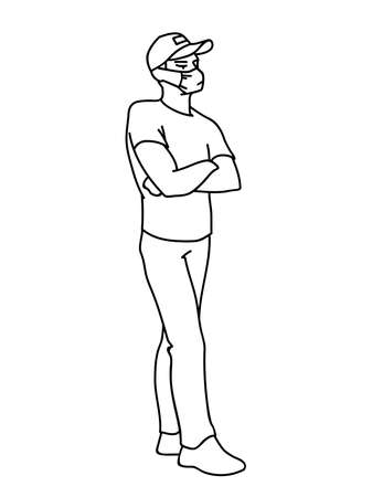 Masked man in baseball cap crossed arms at chest. Monochrome vector illustration in simple linear style isolated on white background. Man in medical mask protects breath from virus and air pollution.のイラスト素材