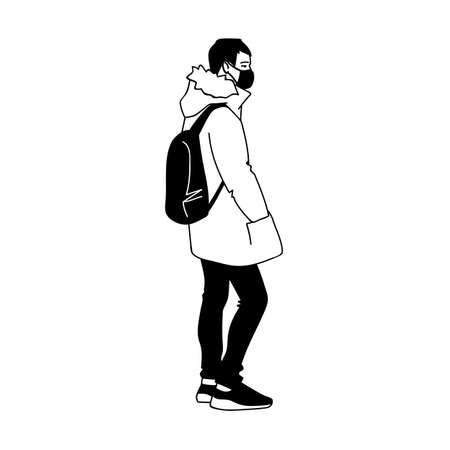 Man in medical mask protects breath from virus and air pollution. Side view. Monochrome vector illustration in simple linear style isolated on white background. Masked young man with backpack stands.のイラスト素材