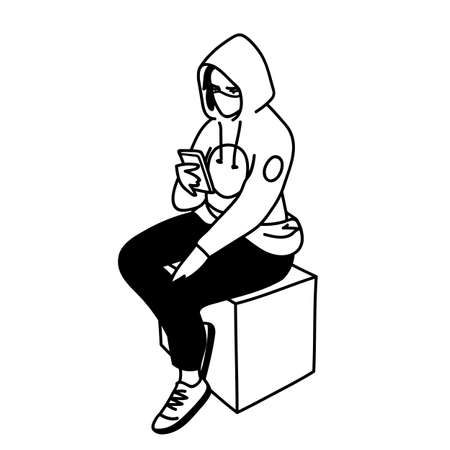 Masked student girl. Vector illustration in linear style isolated on white background. Young woman in medical mask is sitting on cube, looking for information about viruses on the Internet.のイラスト素材