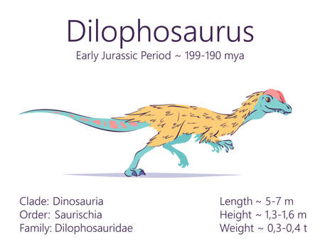 Dilophosaurus. Theropoda dinosaur. Colorful vector illustration of prehistoric creature dilophosaurus and description of characteristics and period of life isolated on white background. Fossil dino.のイラスト素材