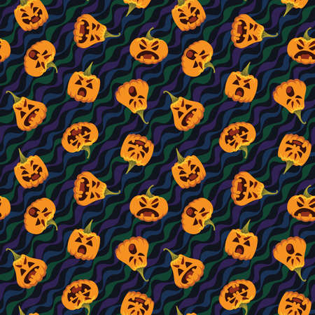 Pumpkin Halloween pattern. Vector illustration of pumpkin heads in different form with various emotions isolated on wavy festive background. All Hallows Evening. Holiday pattern vector.のイラスト素材