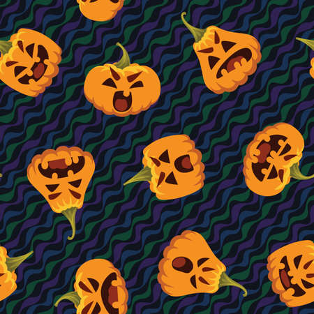 Funny Halloween pattern. Vector illustration of funny pumpkin heads in different form with various emotions isolated on wavy festive background. Seamless holiday pattern. All Hallows Evening.のイラスト素材